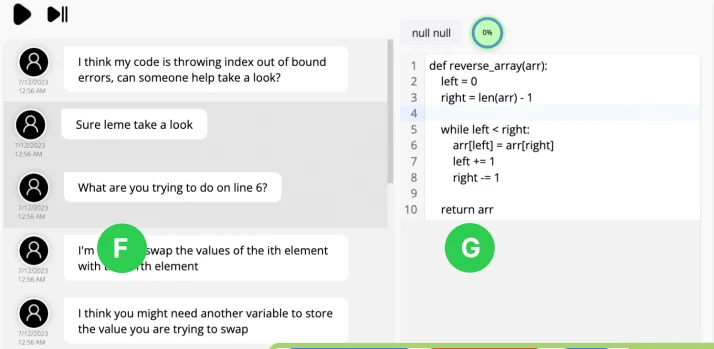 Selecting a chat message shows that student's code at the moment they sent it.