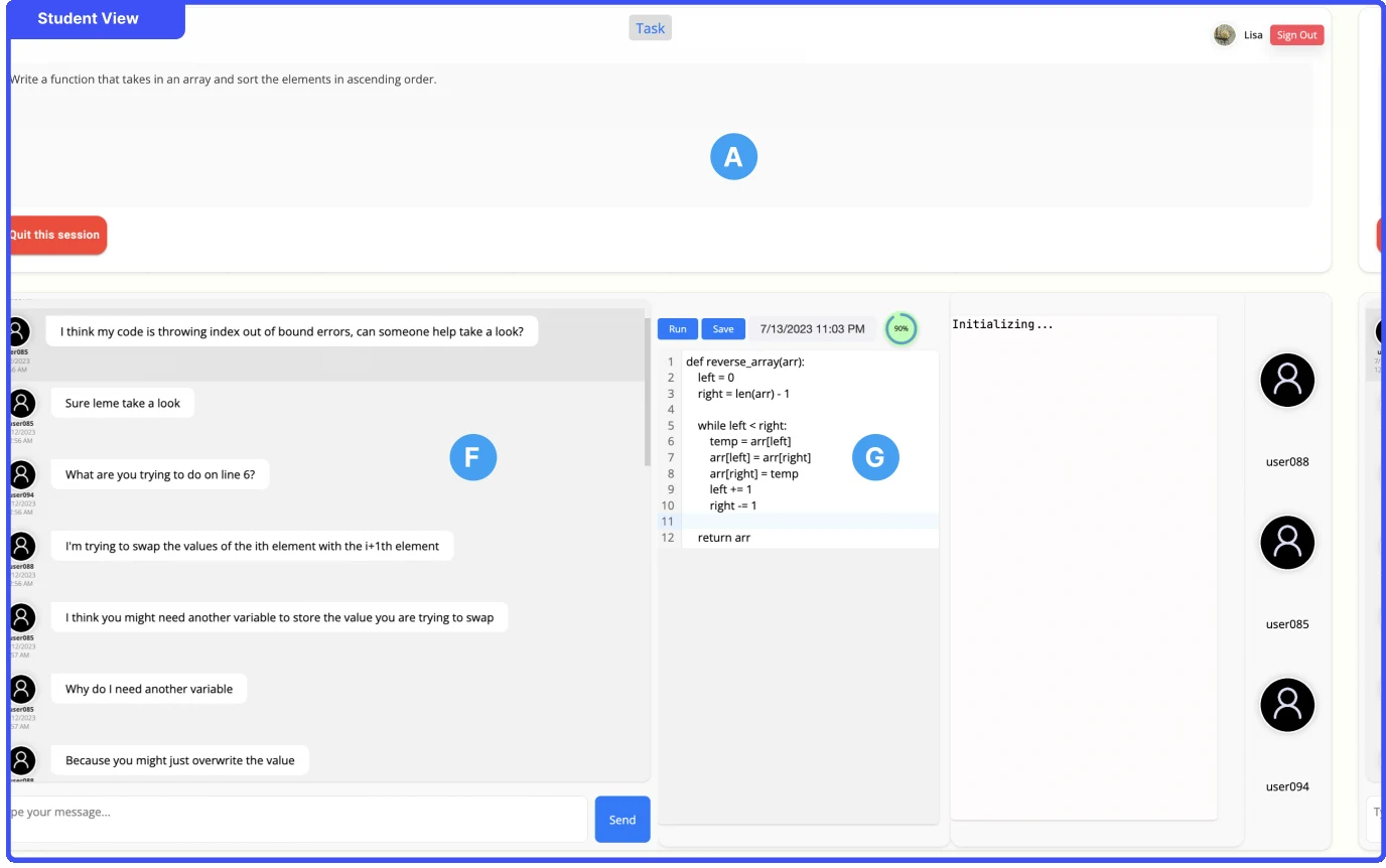 Student view: (A) the task description, (F) the group chat and (G) a code editor with Run and Save.